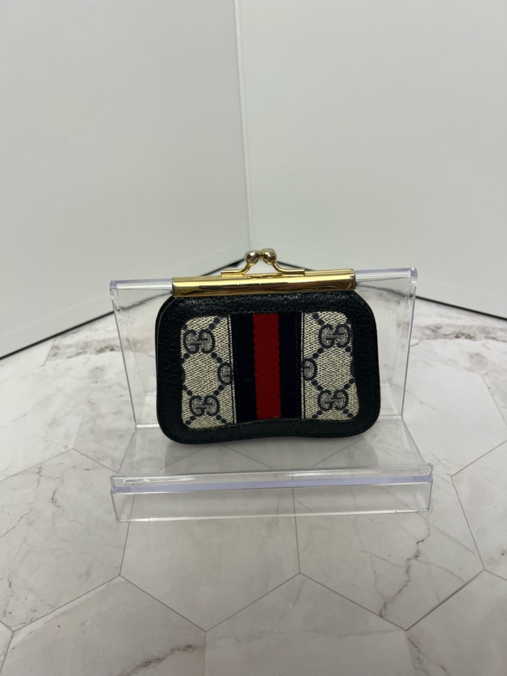 Gucci Beige Monogram Coin Purse with Black Trim and Red Stripe